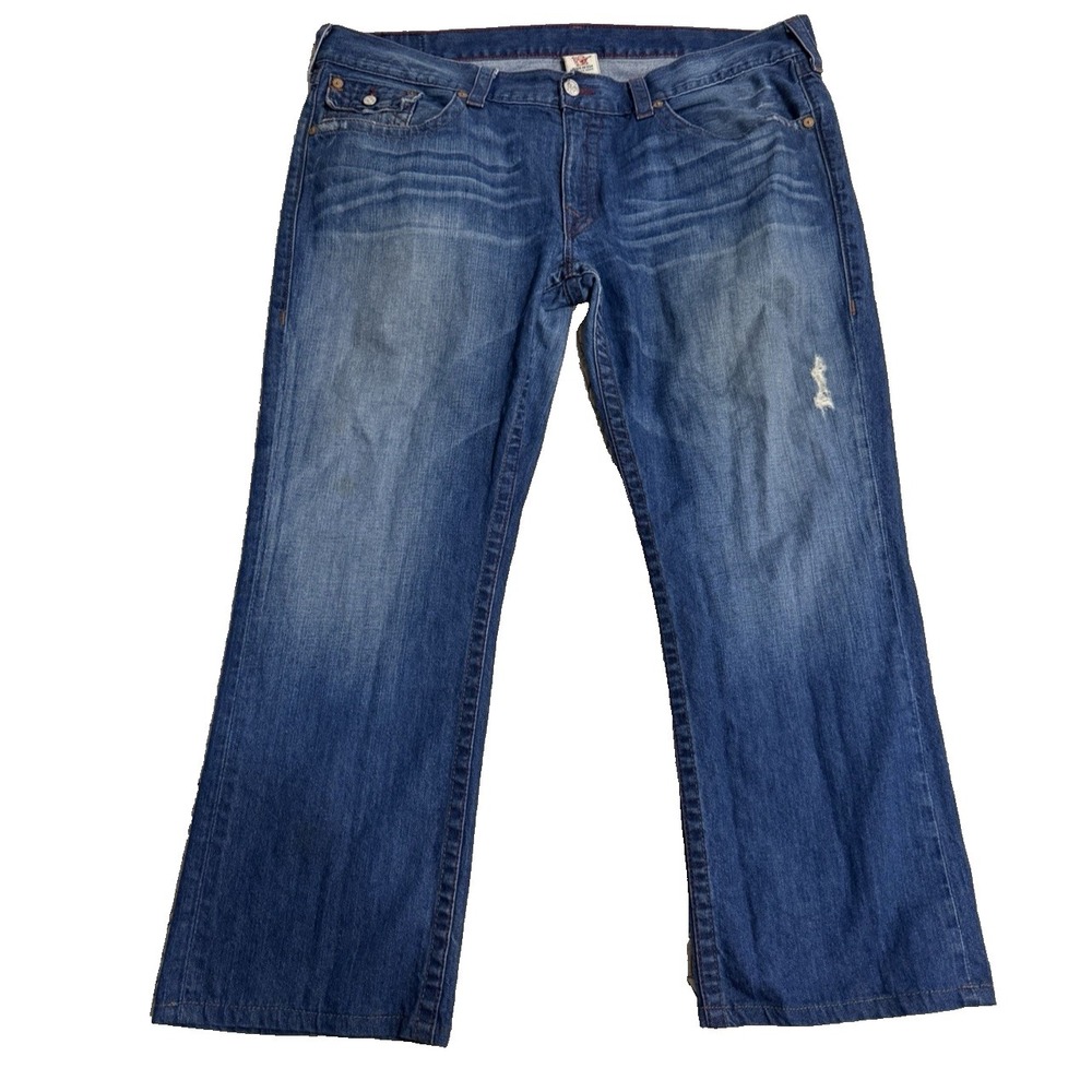 True Religion Mens Blue Jeans Tag Size 42 Distressed Pocket Flaps World Tour